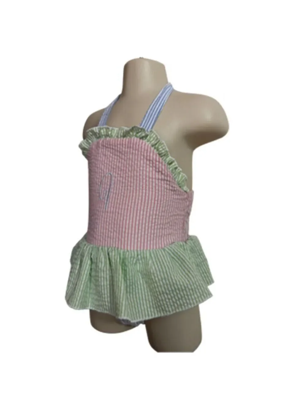 Seersucker Halter Pink, Green, Blue A Monogram Swimsuit Size 6 Months